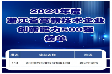 喜報！景興紙業(yè)入選浙江省高新技術(shù)企業(yè)創(chuàng)新能力500強榜單